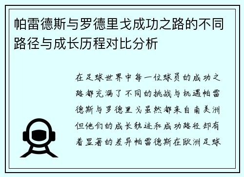 帕雷德斯与罗德里戈成功之路的不同路径与成长历程对比分析